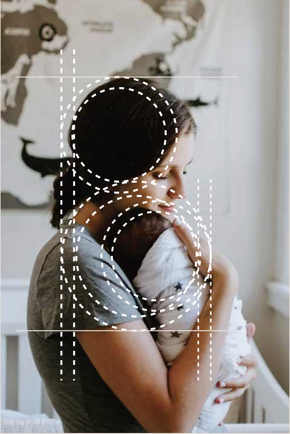 A mother holding her baby, overlaid with the golden ratio spiral that inspired the Bébé logo